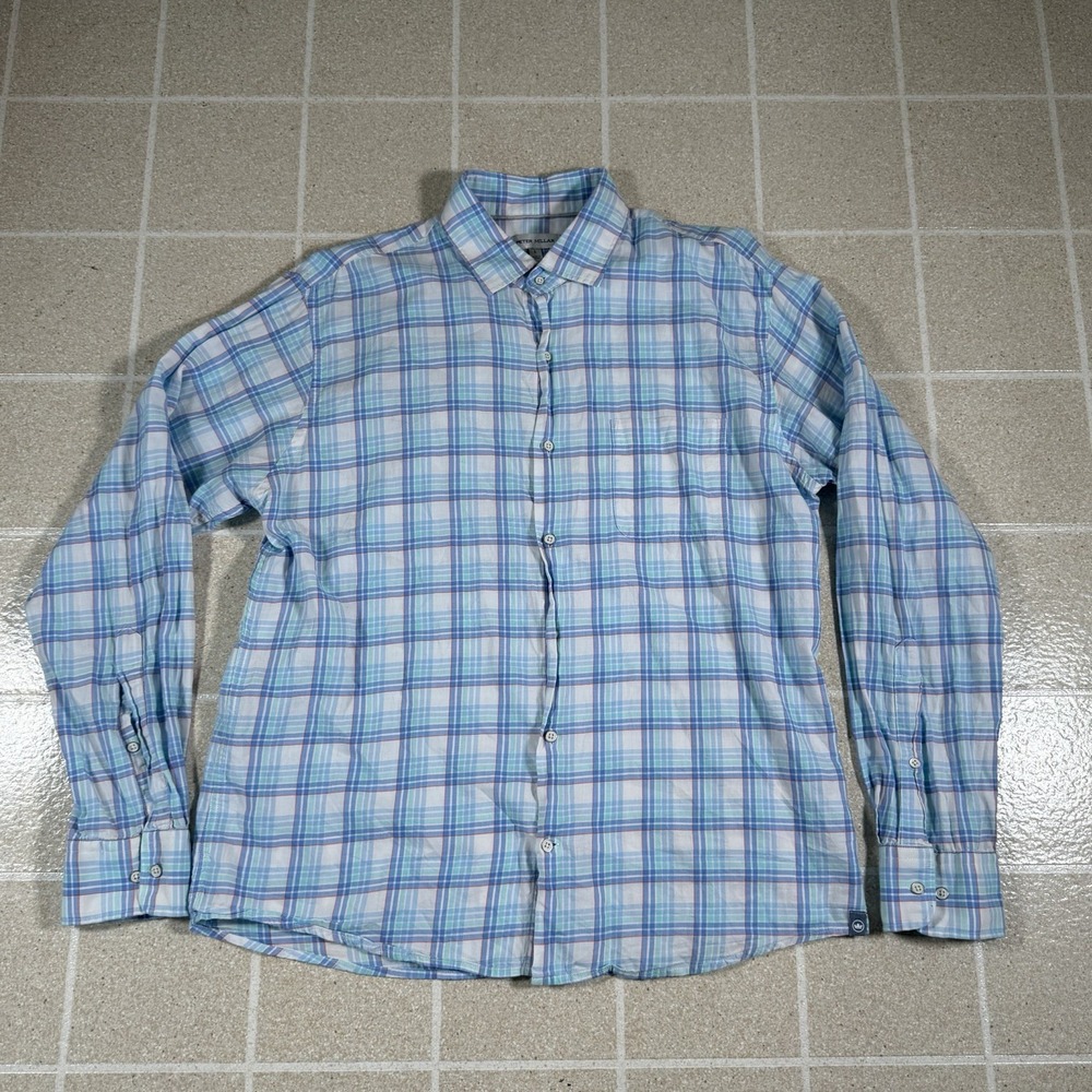Peter Millar Men Large Featherweight Flannel Button Down Shirt White Blue Plaid